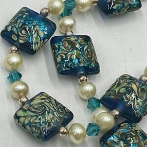 Murano Glass Necklace Sterling Silver Clasp Freshwater Pearls Blue
Gold Van Gogh